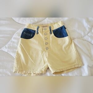 Vintage 90s Yellow Denim Shorts with Blue Pocket Accents